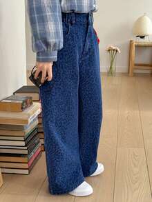 Hapijoa 少女豹纹口袋阔腿宽松休闲牛仔裤 - 藍色 - 查看 3