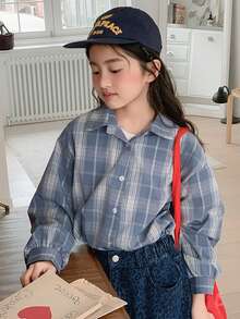Dazy Kids Áo sơ mi dài tay kẻ caro cài một hàng khuy kiểu dáng thường ngày cho bé gái tuổi teen mùa hè - Màu xanh nhạt - Xem 5