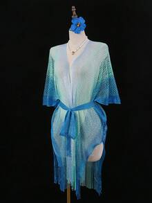 Swim SXY 女士彩色渐变高开衩长流苏网纱系带性感和服罩衫泳衣，适合春、夏、秋季海滩度假 - 藍色 - 查看 4