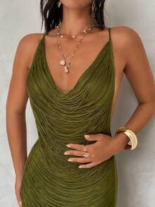 Aloruh 女士春夏新款绿色罩衫连衣裙，橄榄绿连衣裙，深V流苏连衣裙，奢华装饰派对连衣裙，性感优雅薄纱沙滩裙 - 橄欖綠 - 查看 11