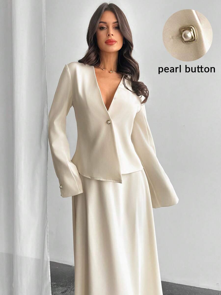 Firerie 新年女式纯色长袖单排扣夹克和长款喇叭下摆裙优雅两件套，秋季