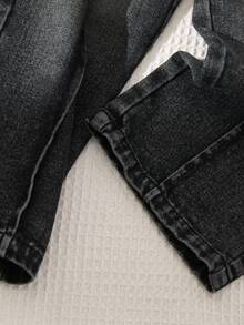 SHEIN Playful Pals Young Girl' Straight Leg Jeans,Comfortable Elastic Waist Design,Bow Decor,Leg Seam Detail,Black Washed Denim,Dark Blue,Summer,Daily Wear And Vacation - Black - View 6