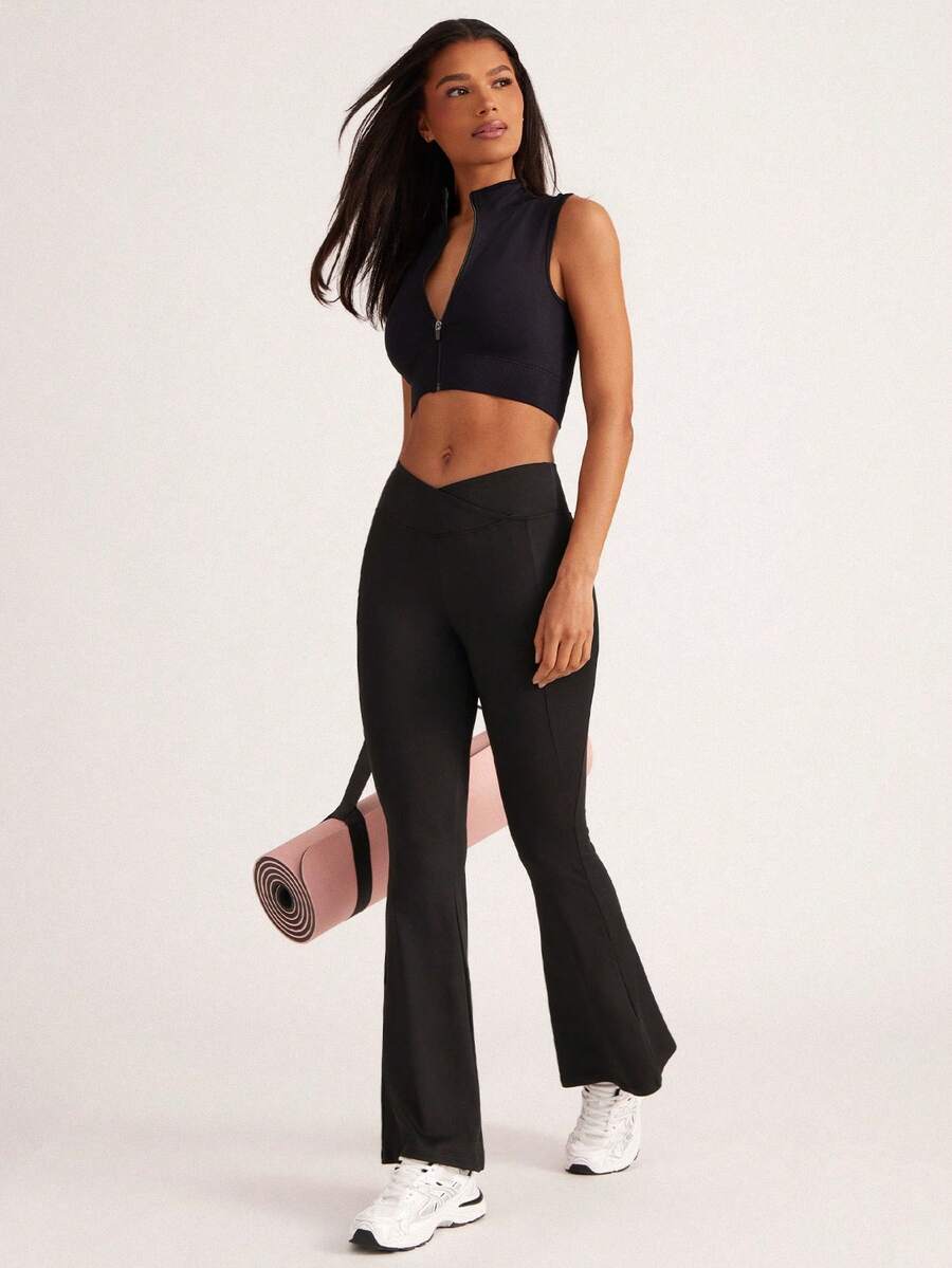 Easithlete 女式 V 形交叉腰带瑜伽紧身裤，女式喇叭腿，高腰喇叭裤，阔腿瑜伽裤，弹力工作裤，适合健身、运动、跑步、骑行、瑜伽、泡菜球运动、休闲 - 黑色 - 查看 1