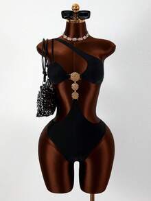 Swim SXY 一件式金属光泽亮面纯色简约连体泳衣 - 黑色 - 查看 5