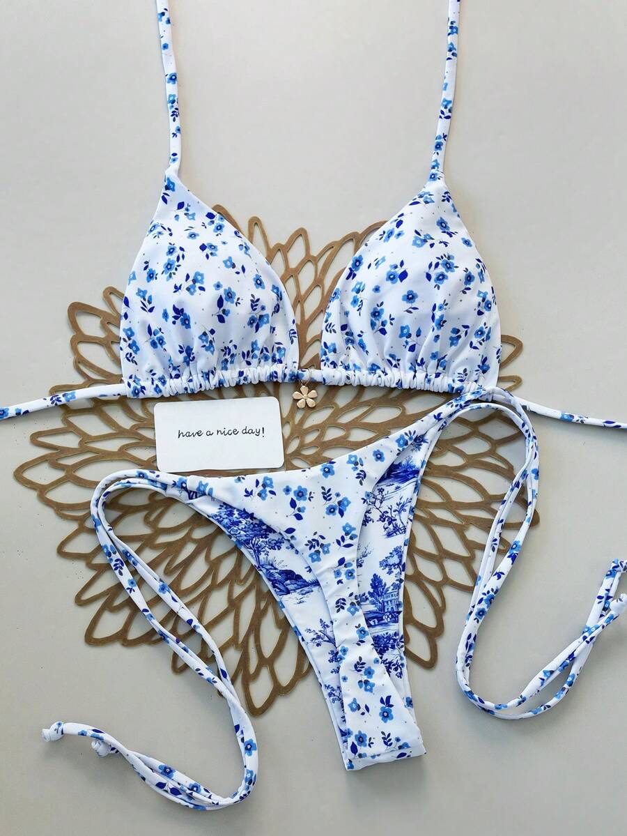 Swim Mod Summer New Vintage Ditsy Floral Halter Backless Tie-Side Bikini 2 Pieces Swimwear - Blue and White - View 1