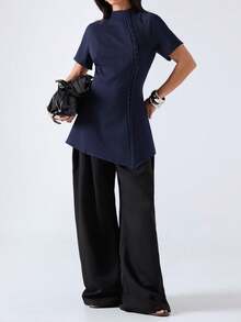 LYSMO 女士纯色短袖立领前开襟休闲薄外套 - 藏蓝色 - 查看 5