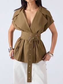 LYSMO 女士纯色翻领腰部镂空纽扣设计休闲西装外套 - 橄欖綠 - 查看 4