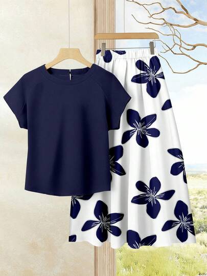 EMERY ROSE Set 2 buc. top casual în culori solide pentru vacanță + fustă imprimată pentru femei, ținută de vară pentru femei, set fustă de vară, set top fustă, set top fustă pentru femei, set fustă imprimată, casual