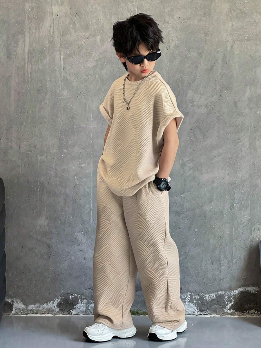 SHEIN Little Byeori 男童休闲韩版宽松纯色杏色背心裤套装，适合通勤、上学、日常休闲、运动等多种场合，春夏度假皆宜。