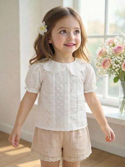 Blusa elegante de manga abullonada y cuello para bebé niña, cómoda y suave