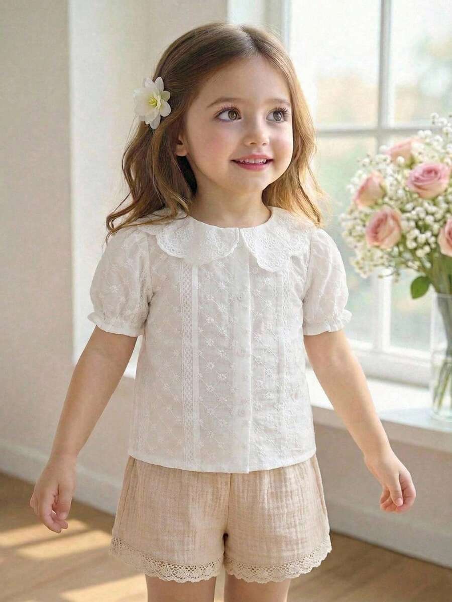 女婴优雅翻领泡泡袖舒适柔软上衣 - 白色 - 查看 1