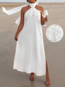 Elenzga White Halter Neck Sleeveless A Line Plus Size Dress For Women Knee Length Plain Casual Tie Back Flower Detail Wedding - White - View 1