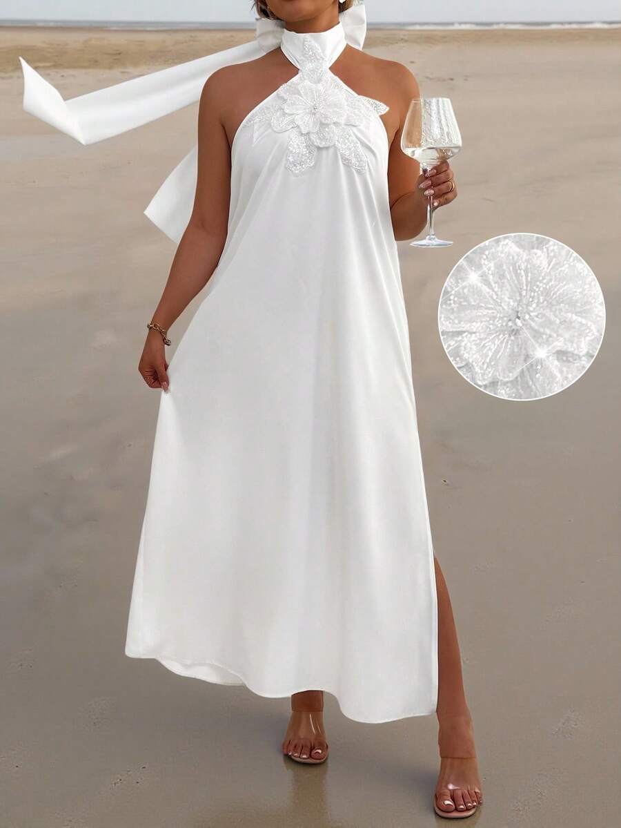 Elenzga White Halter Neck Sleeveless A Line Plus Size Dress For Women Knee Length Plain Casual Tie Back Flower Detail Wedding - White - View 1