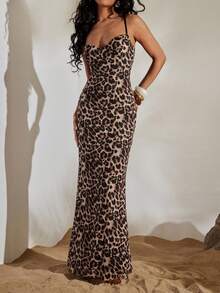 Opulessa Spring & Summer Vacation Knit Leopard Print Spaghetti Strap Fitted Dress For Women - Brown - View 7