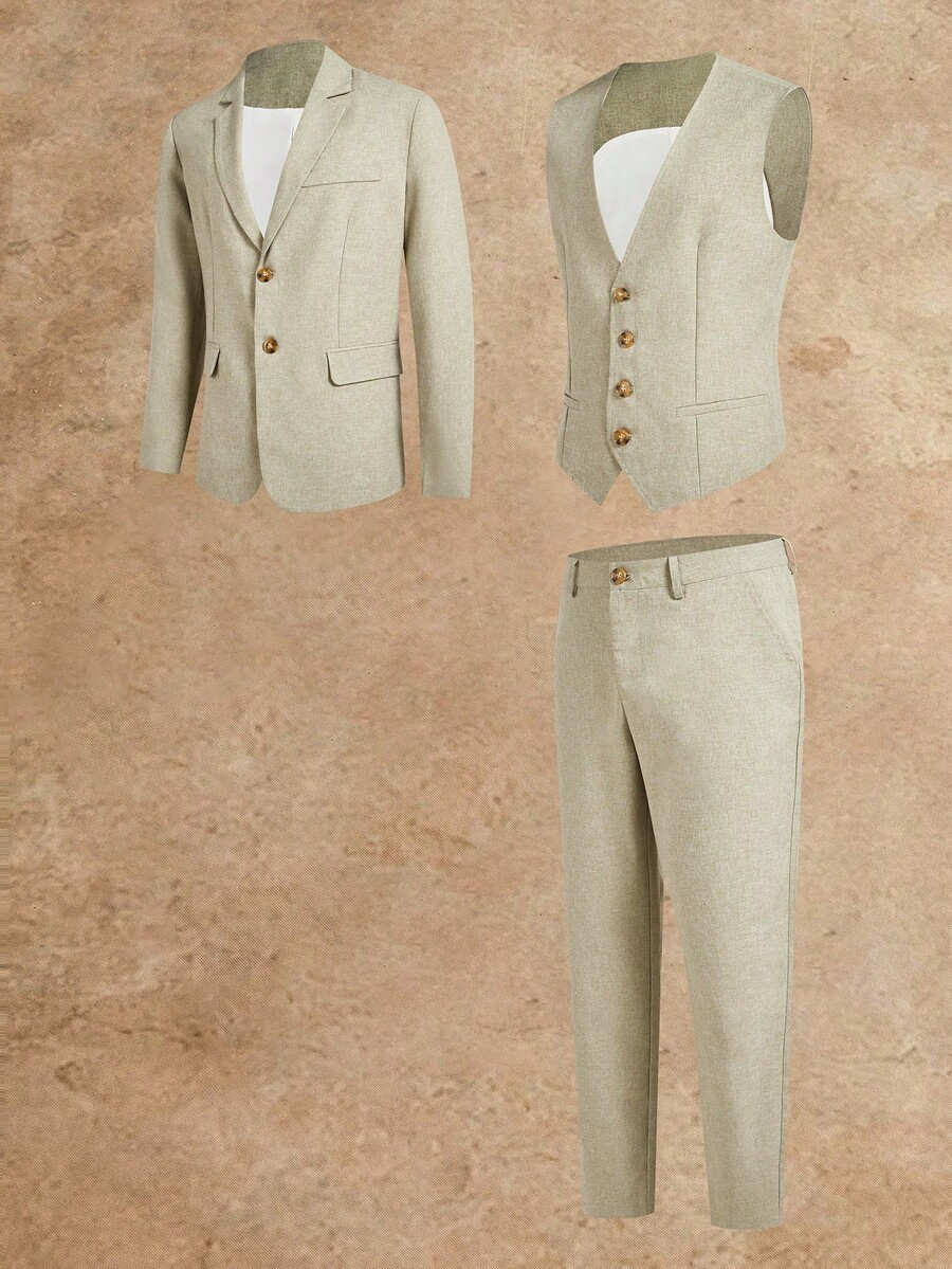 Manfinity VCAY Set de costum casual pentru bărbați, cu guler crestat, culoare solidă, jachetă, vestă și pantaloni, cu un singur rând de nasturi, stil casual