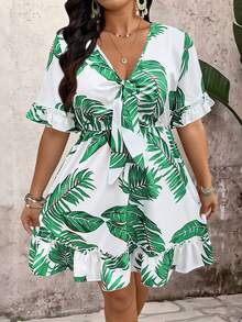 SHEIN Clasi Plus Size Women Tropical Plant Print Tie Front Short Sleeve Casual Dress - White - View 5