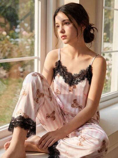 Girls Pajamas Set, Elegant Lace Patchwork Striped Print Camisole And Long Pants With Bow Tie, Comfortable Home Wear, Suitable For Summer Silk Sleepwear