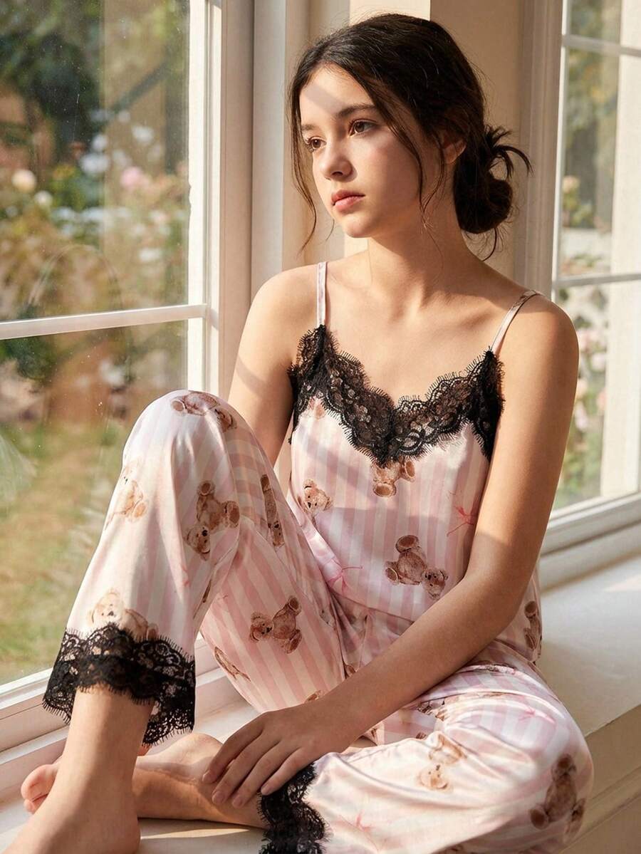 女童睡衣套装,优雅蕾丝拼接条纹印花吊带背心搭配系带长裤,舒适家居服,适合夏季穿着 - 彩色 - 查看 1