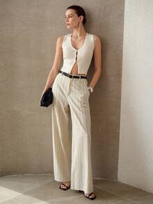 MOTF PREMIUM WOMEN'S STRIPED PRINT SLANT POCKET WIDE LEG PANTS - Apricot - View 8