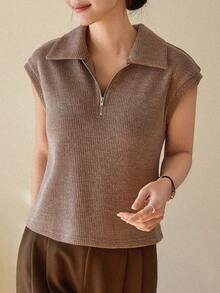 DAZY 女士夏季 Polo 领短袖半开襟休闲套头 T 恤 - 卡其色 - 查看 2