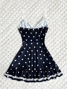 Elamini 女士夏季波点拼接荷叶边下摆A字修身吊带连衣裙 - 黑色 - 查看 2