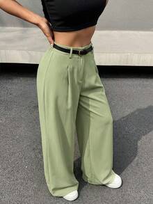SHEIN EZwear Casual Versatile Commuter Solid Color Belted Wide Leg Pants - Fresh Green - View 4