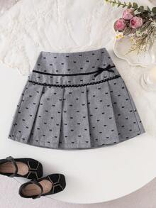 Young Girl Gray Bow Pleated Ruffle Hem Skirt, Elegant And Fashionable For Spring/Summer - Grey - View 1