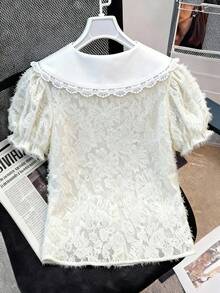 Lyxana Women's Cutout Peter Pan Collar Short Puff Sleeve Cute Blouse Blouse For Women Elegant Classy Lace Shirts For Women Latest Tops For Women New Arrivals Blouse Korean Style Blouses For Teens - Apricot - View 2
