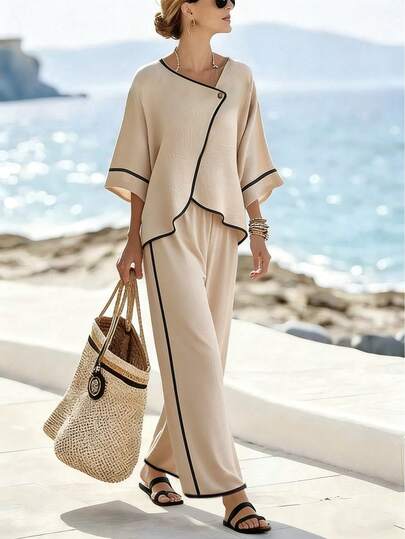 Breezaya Set de top de manga corta y pantalones con ribete negro, estilo casual francés para vacaciones, primavera/verano