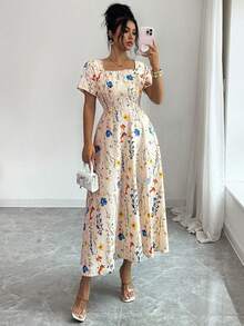 Elenzga Vestido de mujer con cuello cuadrado sin mangas con estampado floral - Albaricoque - Ver 4