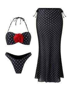 Swim Vcay Conjunto de 2 piezas con falda de malla con estampado floral y de lunares, con correa desmontable - Multicolor - Ver 6