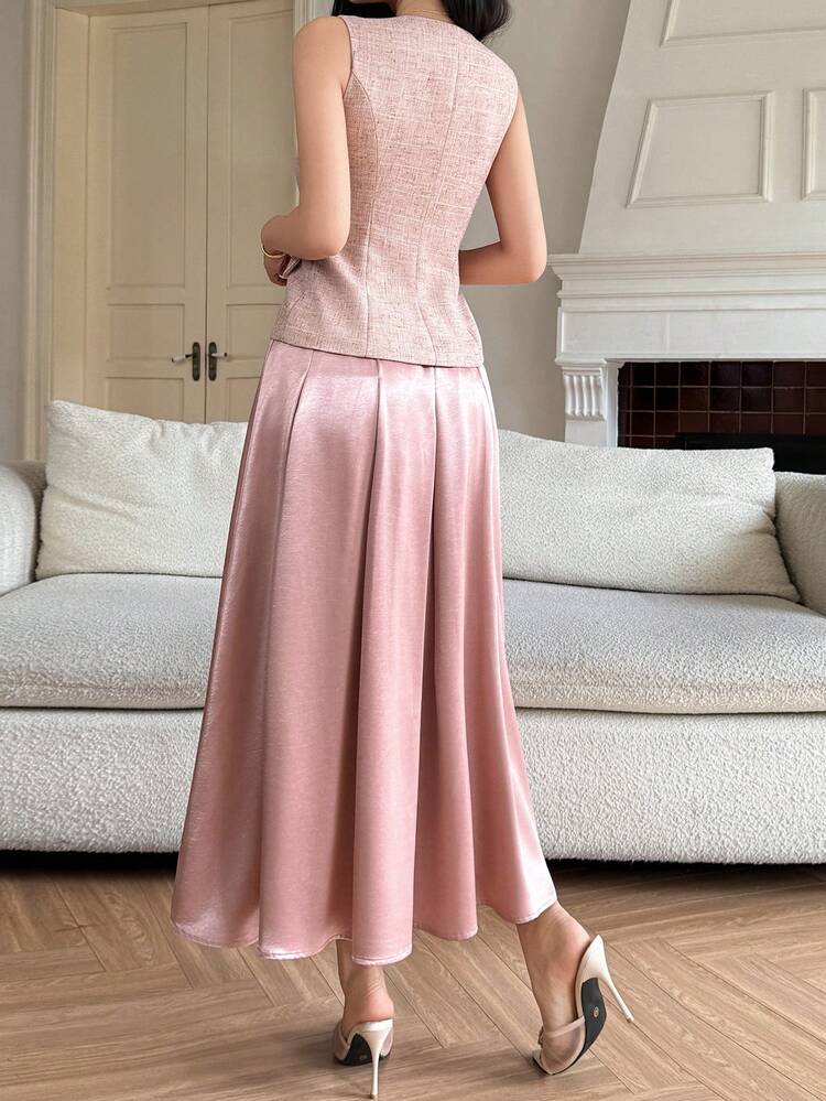 Women's Elegant Contrast Color Patchwork Faux Pocket Vest & Skirt 2 Pieces Set, Spring/Summer