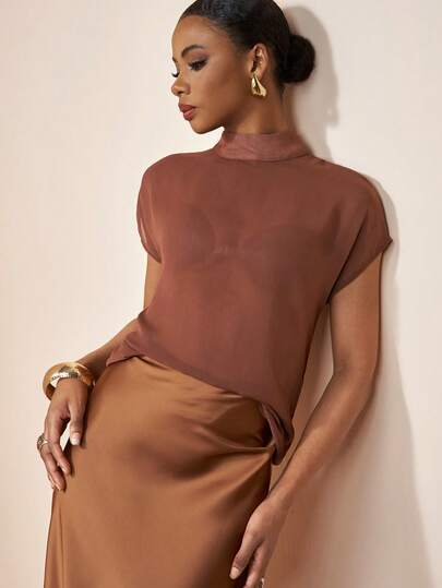 Zivah Lightweight Ruched Textured Mesh Sheer Short Sleeve Blouse In Coffee Brown, Suitable For Spring/Summer Occasions Such As Music Festivals, Easter, St. Patrick's Day, Valentine's Day Dates, Western/Boho Styles, Birthdays, Graduations, Collegiate Looks, Casual Outings, Vacations, Cruises, Beaches, Sunshine, Trending Styles, Street Fashion, Wedding Guest Attire, Commuter Wear, Brunch, Airport Outfits, Parties, Holidays, And Office Wear,Summer Top