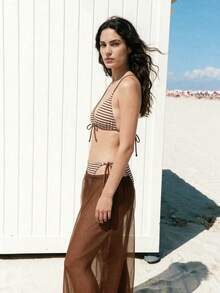 Maija Women's Striped Bikini Set For Beach Vacation,Vacation Outfits Women,Summer Holiday Outfits ,Beach Vacation Outfits For Women Festival Boho Western - Brown - View 4