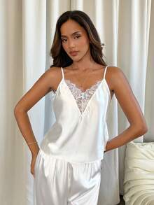 Aloruh Contrast Lace Cami Top & Pants PJ Set / Pajama Set White Set - White - View 6