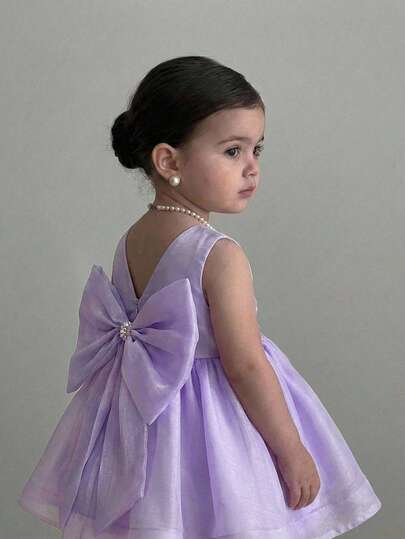 Babygirl Elegant Princess Dress, Purple Organza Bow & Pearl Decor Sleeveless Dress, Formal Gown