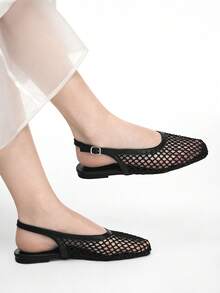 Mnmlis Zapatos planos de mujer con punta cuadrada, de moda, tejidos y sin cordones - Negro 1 - Ver 10