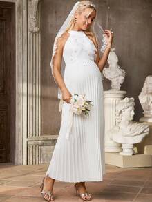 SHEIN Vestido de Festa e Passeio Fashionável com Decote Halter e Decoração Floral para Gestantes - Branco - Visão 4