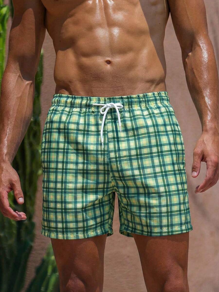 Manfinity Swimmode Men's Plaid Print Drawstring Pocket Beach Shorts Mens Checkered Swim Trunks Men Green Swim Trunk - Multicolor - View 1