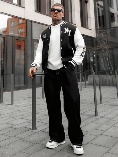 Artur Kramer Men Slogan Graphic Two Tone Varsity Jacket, Going Out Street Wear Letter Baseball Long Sleeve Color Block Jacket, For Friends, Husband, Boyfriend Gifts, For Fall