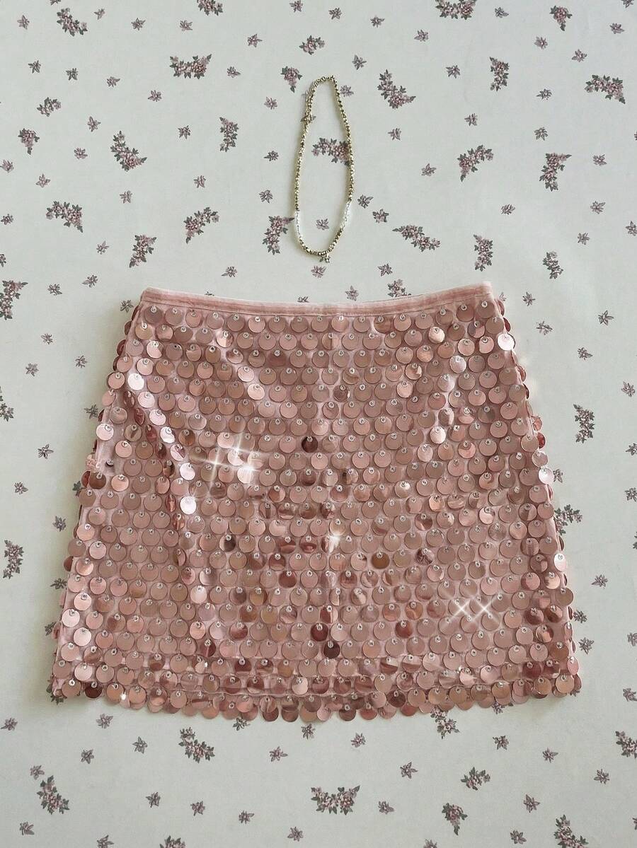 Elamini Falda mini de malla con lentejuelas de estilo retro dulce y picante de cintura baja para fiesta - Rosa - Ver 1