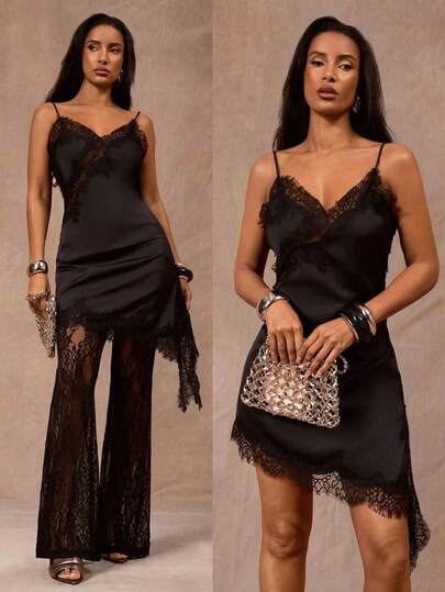 Opulessa 女士优雅性感蕾丝拼接不对称下摆露背吊带迷你连衣裙，夏季