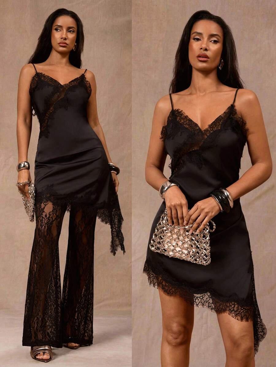 Opulessa 女士优雅性感蕾丝拼接不对称下摆露背吊带迷你连衣裙，夏季 - 黑色 - 查看 1