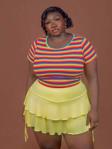 CurvyTilda A-Line Plus Size Skirt With Side Drawstring Detail, Yellow, Spring/Summer, Ruffled Skorts, Skirts With Shorts Underneath, Tiered Skorts, For Hourglass Body Shape - Yellow - View 5