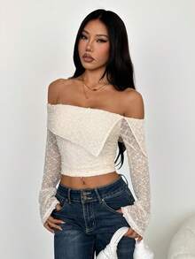 SHEIN PETITE Áo nữ thời trang thu đông, chất liệu vải có họa tiết, kiểu trễ vai, xếp ly, tay dài, màu trắng, trang phục ấm áp cho mùa thu đông. - Màu be - Xem 6