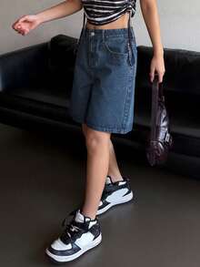 Dazy Tall Shorts vaqueros con bordado de mariposa para mujer alta, estilo casual de calle - Azul lavado oscuro - Ver 5