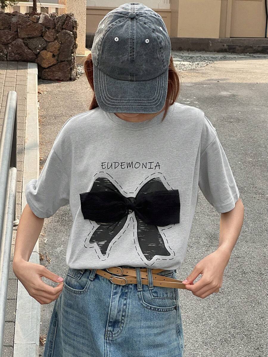 DAZY 少女蝴蝶结装饰圆领宽松休闲短袖T恤 夏季 - 灰色 - 查看 1