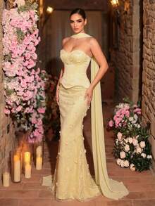 Glamrae 优雅奢华的串珠刺绣缎面露肩连衣裙，饰有3D立体波浪花边下摆和喇叭裙摆，适合晚宴、商务活动、私人派对、生日、节日、婚礼和其他正式场合。 - 淡黃色 - 查看 8