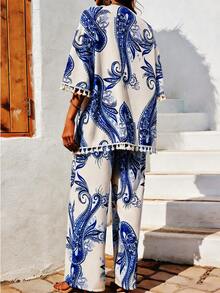 Breezaya Conjunto de 2 piezas estilo bohemio holgado para mujer, que incluye un cárdigan tipo salida de playa con estampado de flores de paisley, puños con flecos y abertura frontal, junto con pantalones de pierna ancha, perfecto para primavera y verano. - Azul - Ver 2