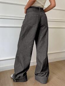 DAZY 复古宽松直筒水洗白色女式牛仔裤 - 灰色 - 查看 2